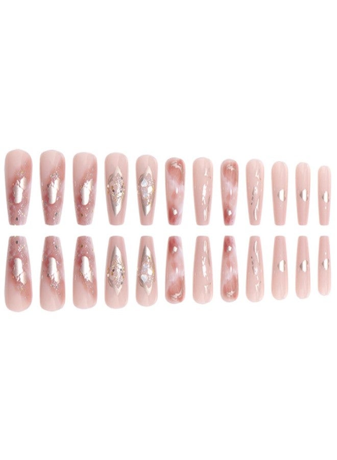 YoYoee Medium Full Cover Nails Tips Luxury Nude False Nails Marble Nails Coffin Press on Nails Gradient Fake Nails for Women and Girls 24PCS - Image 4